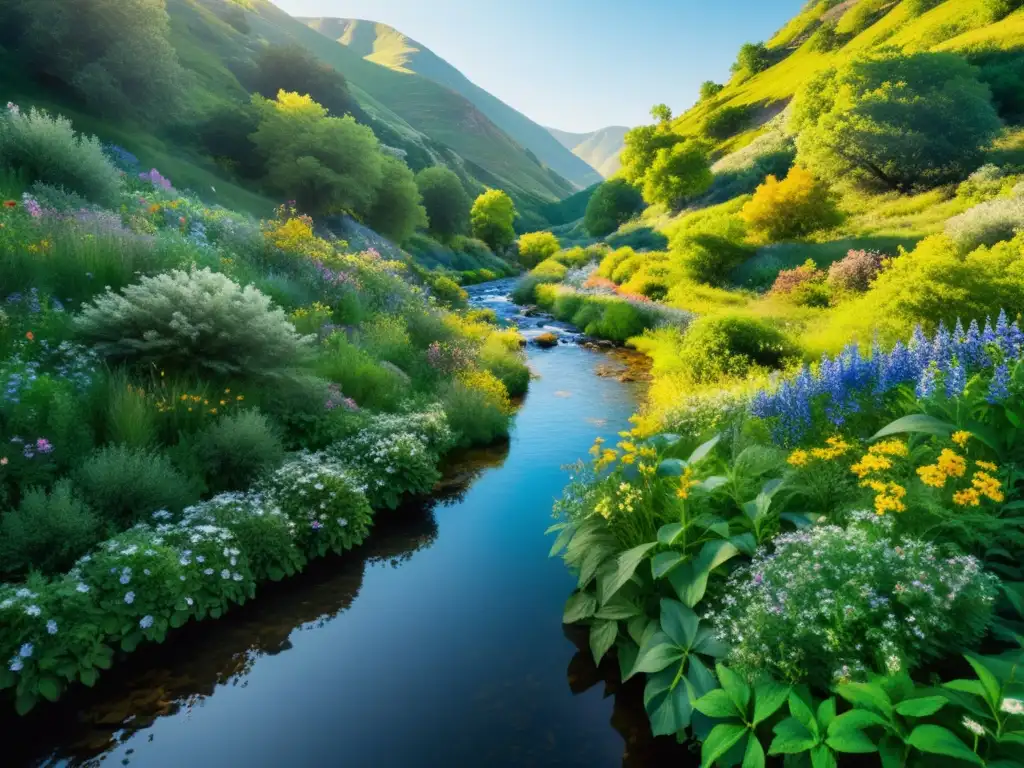 Un prado verde exuberante con vibrantes flores silvestres en primer plano y un suave arroyo serpenteando entre árboles nativos y plantas