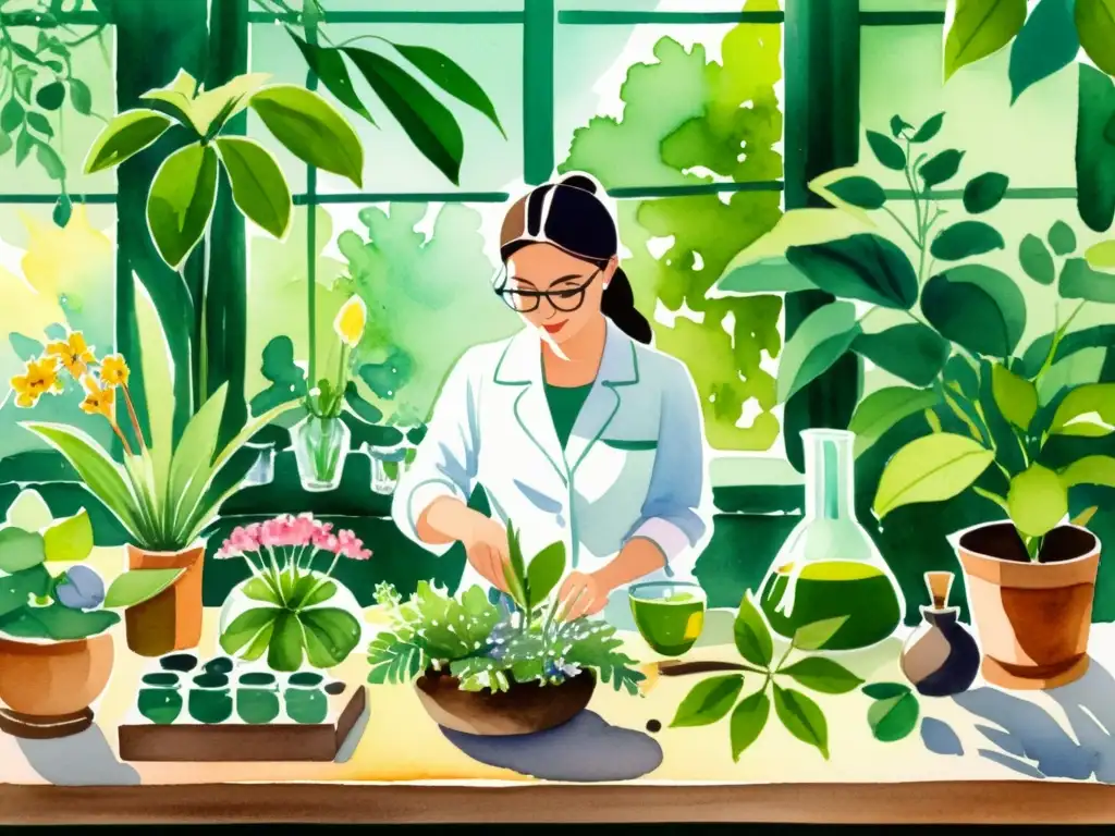 Extracción de principios activos de plantas medicinales en jardín botánico con ilustración acuarela vibrante y científico