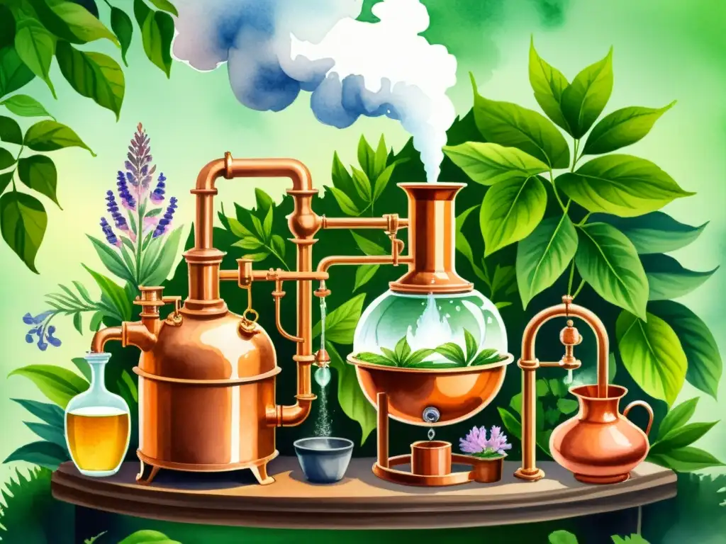 La ilustración muestra el proceso de destilación de aceites esenciales en un alambique de cobre, rodeado de plantas aromáticas y flores