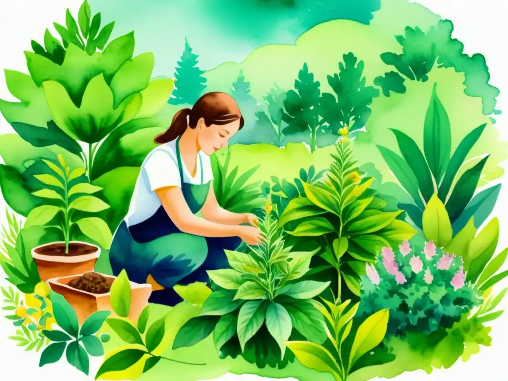 Ilustración acuarela de un productor de plantas medicinales cuidando con esmero su jardín exuberante