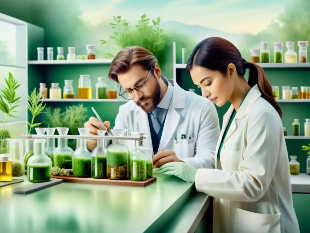 Profesionales en laboratorio examinan fitofármacos en ilustración acuarela