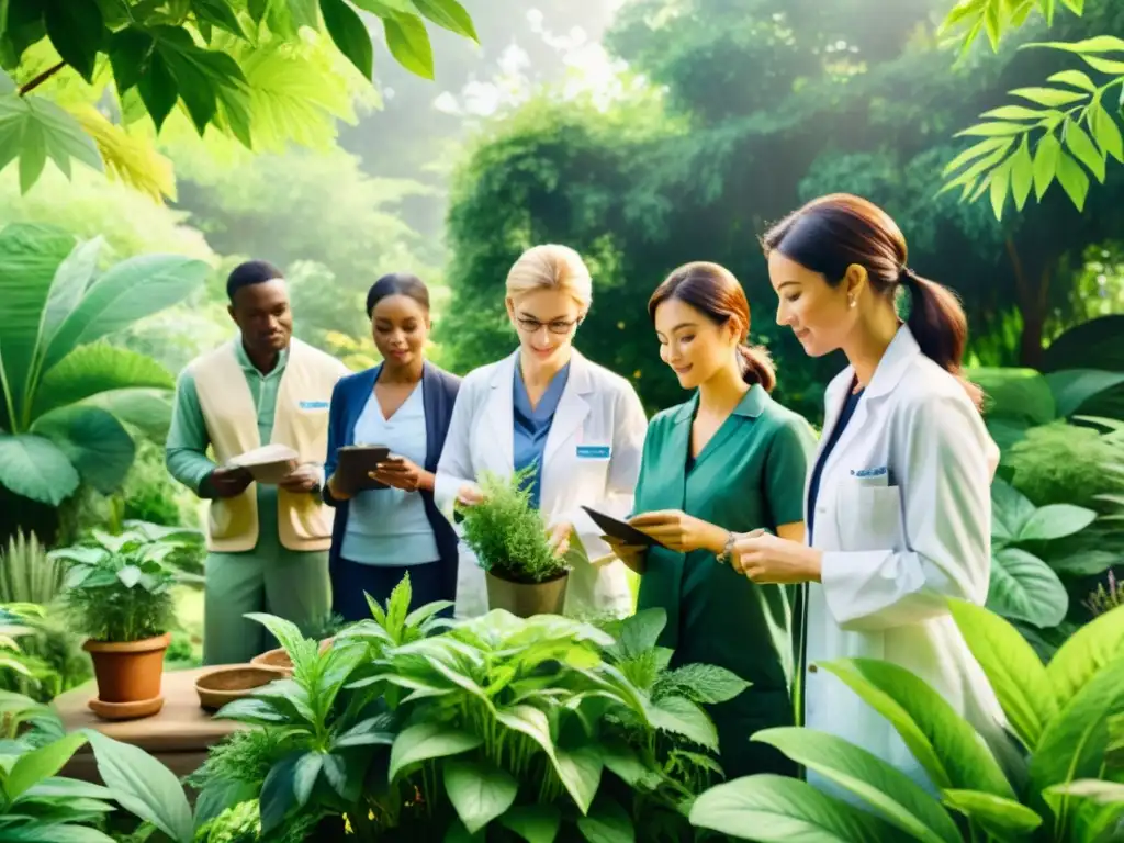 Profesionales de la salud en un curso de herbolaria aplicada, rodeados de exuberante vegetación y compañerismo en un jardín botánico