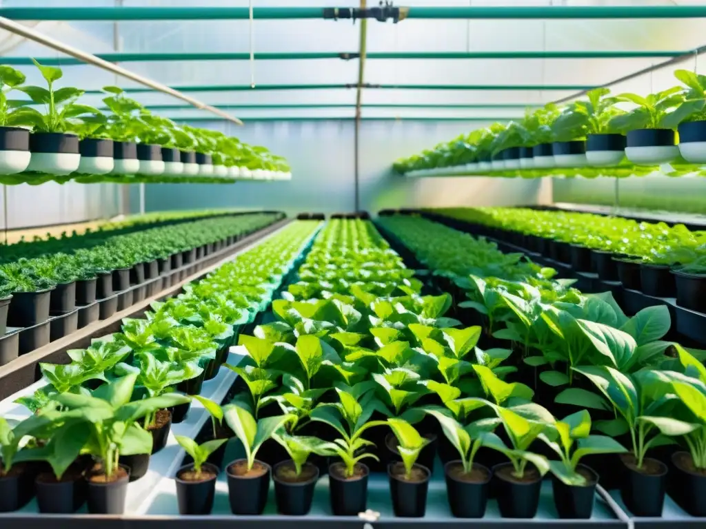 Un jardín hidropónico próspero con plantas exuberantes en filas ordenadas, bañadas por la luz solar