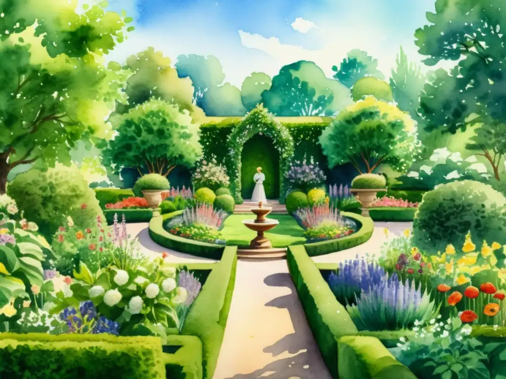 Jardín real: noble recolección de hierbas en acuarela Un jardín real rebosante de hierbas y flores, con una figura aristocrática recogiendo hierbas