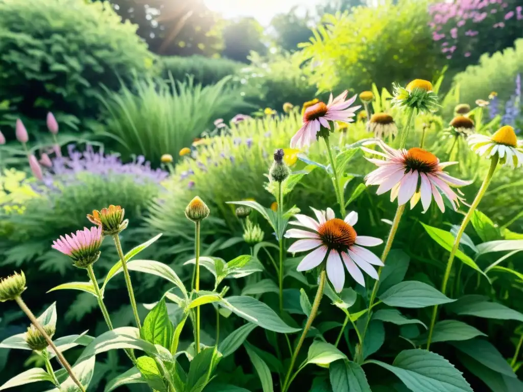 Un jardín botánico rebosante de plantas medicinales bajo el sol, transmitiendo calma y beneficios homeopatía vegetal prevención enfermedades