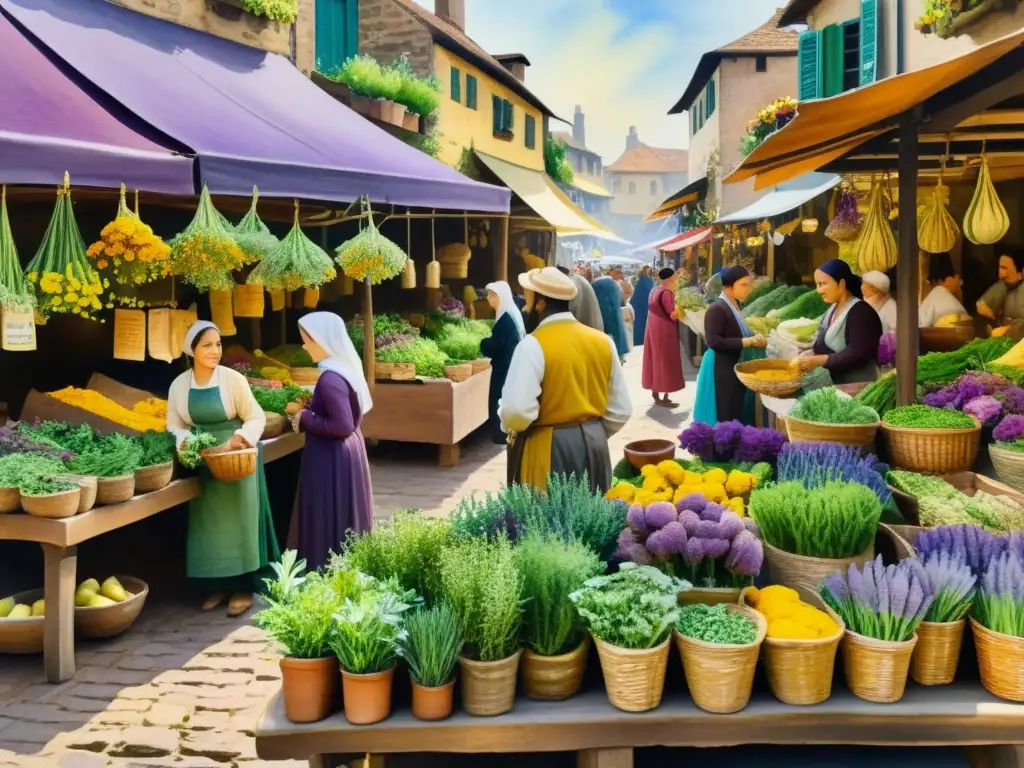 Mercado renacentista de hierbas y flores en acuarela En el Renacimiento, una bulliciosa feria muestra hierbas, flores y remedios