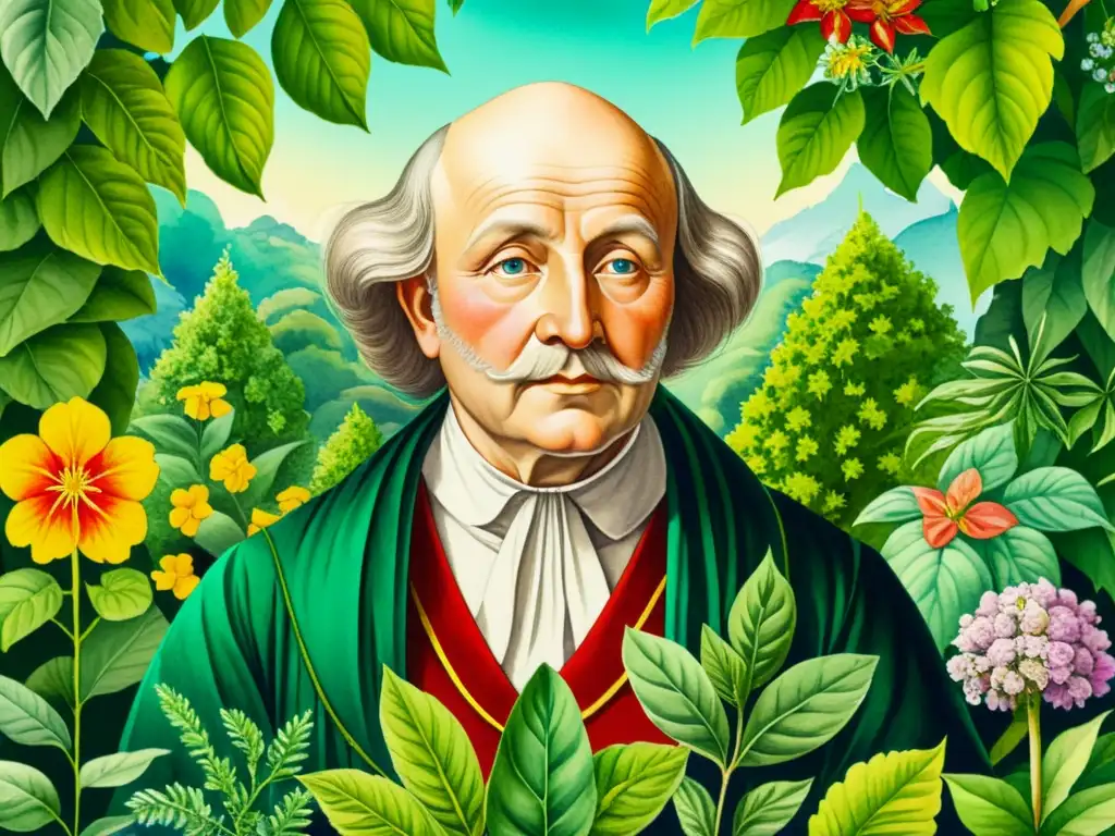 Retrato detallado en acuarela de Paracelsus rodeado de exuberantes plantas medicinales