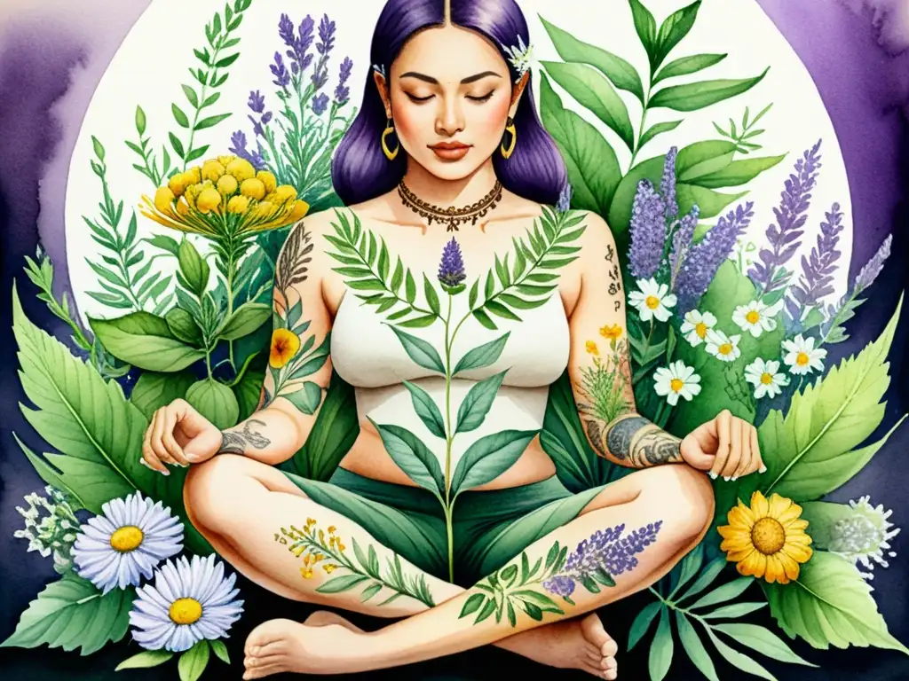 Retrato detallado acuarela con tatuajes de plantas medicinales