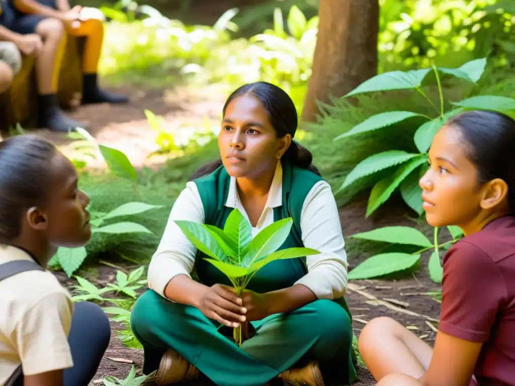 Una sabia mujer indígena comparte conocimientos etnobotánicos sobre plantas medicinales con jóvenes estudiantes en el bosque