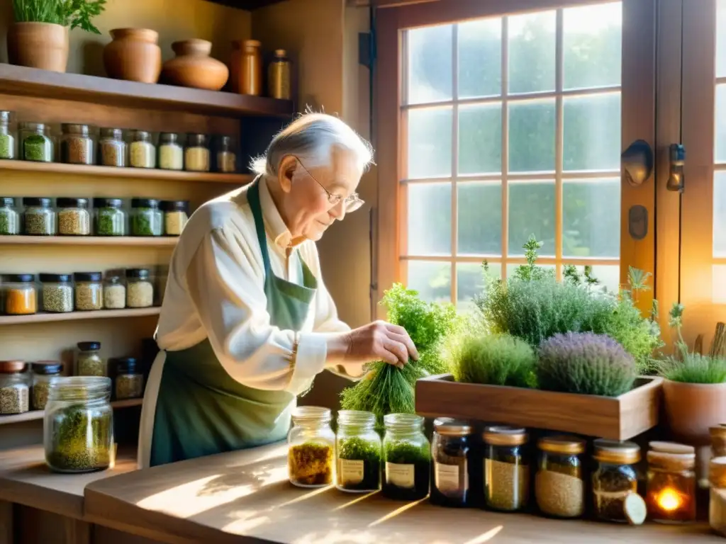 Herborista sabio preparando hierbas en apotecario rústico Un sabio herbolario prepara y dosifica hierbas en un apotecario rústico iluminado por el sol