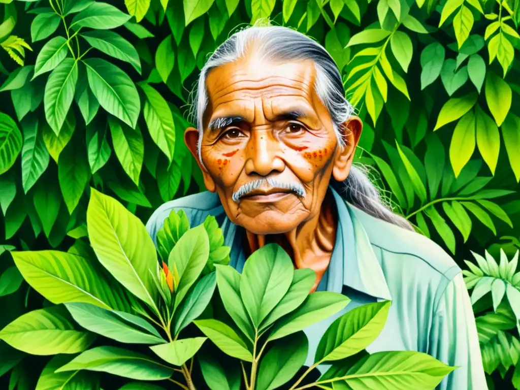 Un sabio indígena cultiva plantas medicinales en la exuberante selva, compartiendo su conocimiento con un grupo atento