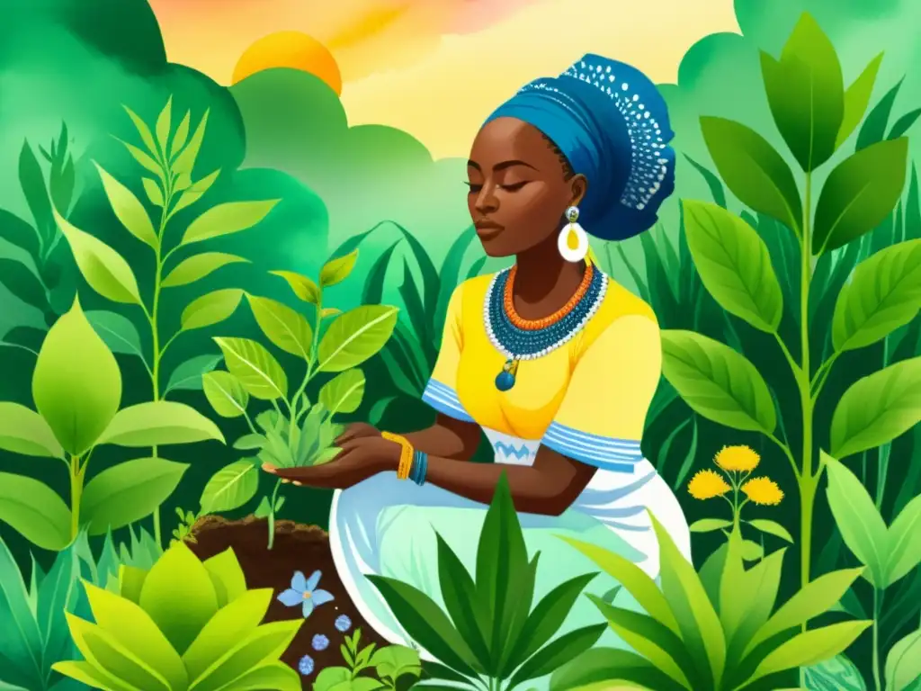 Una sacerdotisa Yoruba cuida un jardín de plantas medicinales, rodeada de una atmósfera serena y espiritual