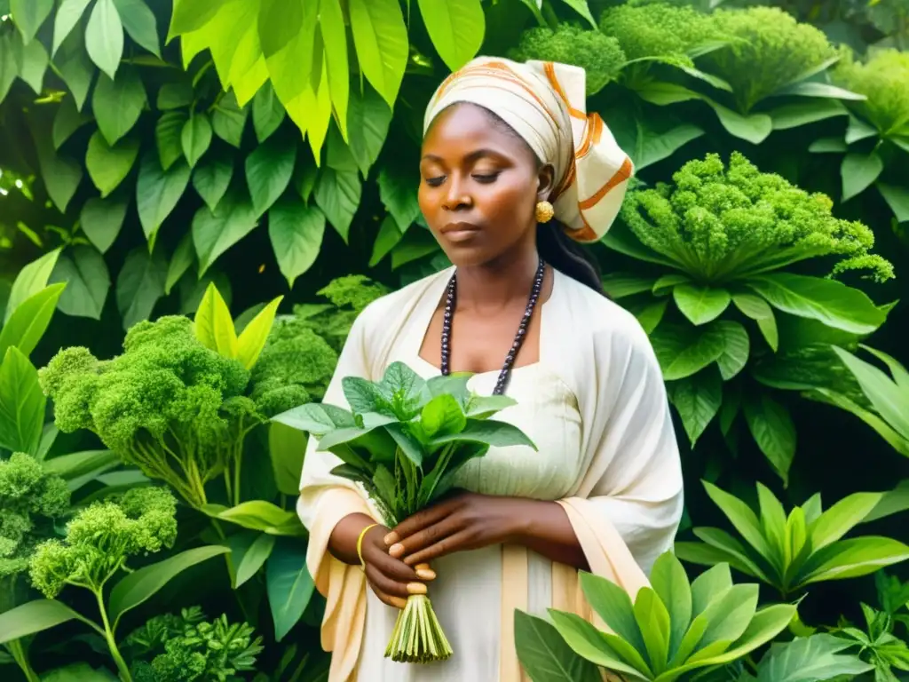 Una sacerdotisa Yoruba cuida plantas medicinales en un bosque, creando una atmósfera mística