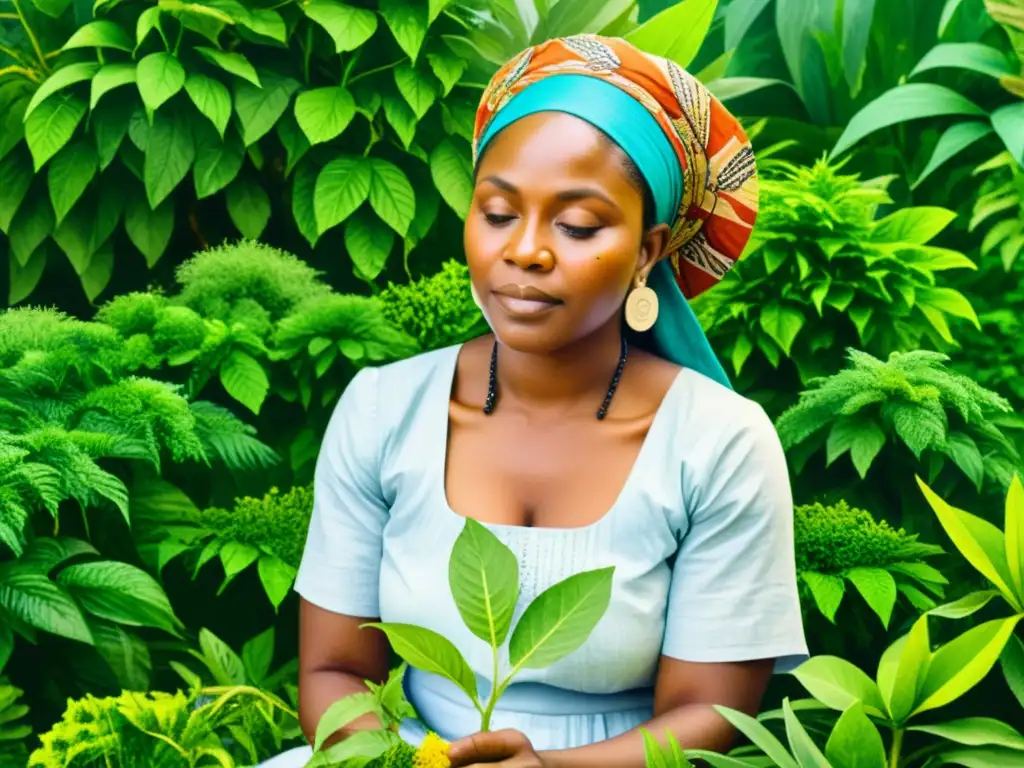 Una sacerdotisa Yoruba cosecha plantas medicinales con reverencia, fusionando sabiduría y naturaleza