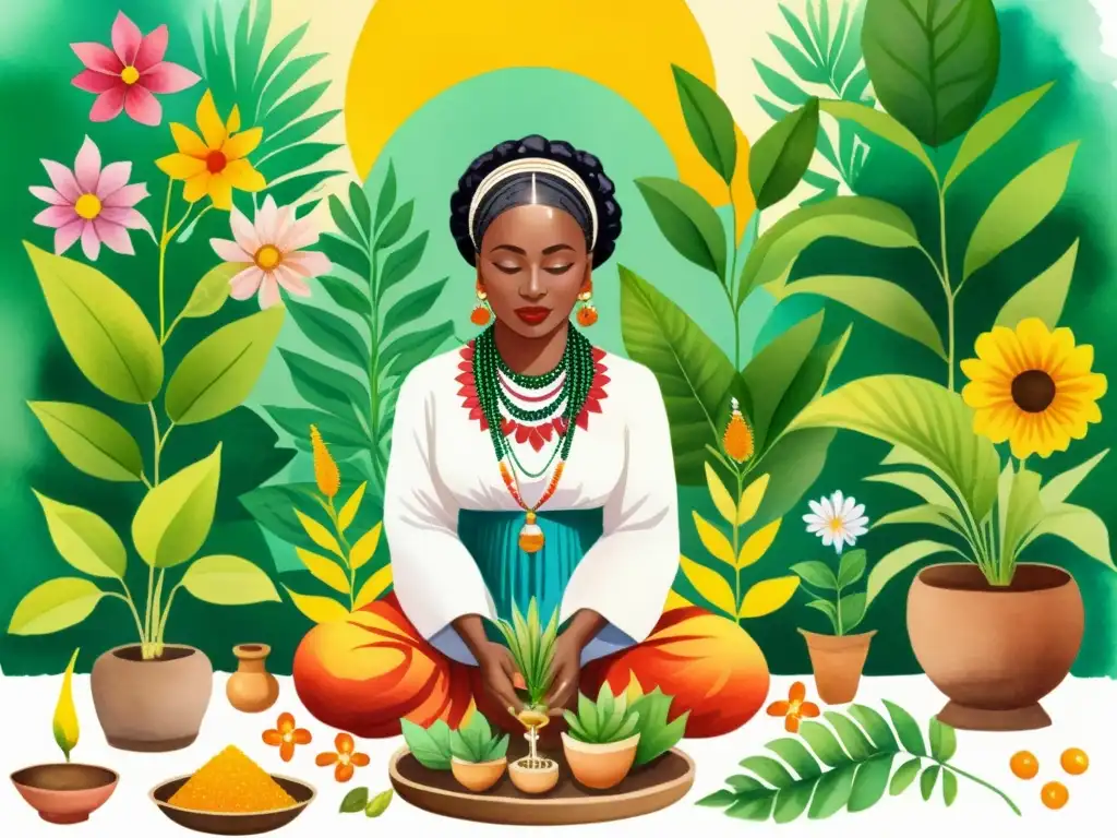 Una sacerdotisa Yoruba realiza un ritual con plantas medicinales en medio de exuberante vegetación y flores coloridas, conectando con la naturaleza y la espiritualidad de la tradición Yoruba