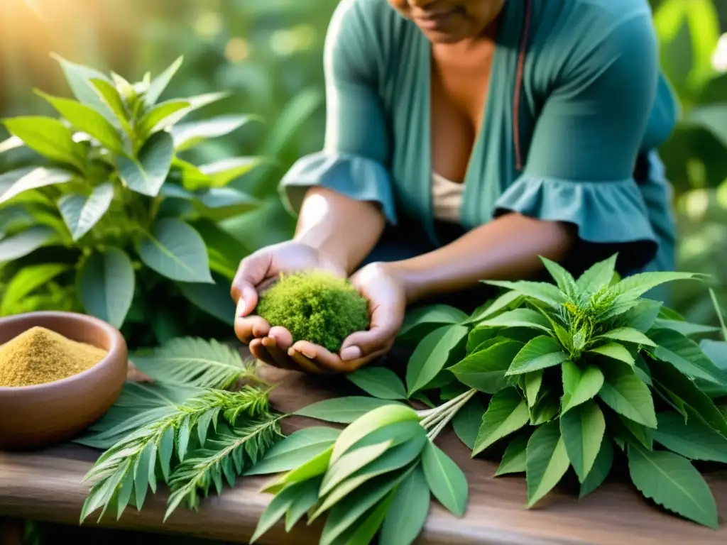 Un sanador indígena selecciona hierbas medicinales con cuidado en la exuberante naturaleza, mostrando respeto y conexión cultural, en armonía con la ética en apropiación de conocimientos indígenas