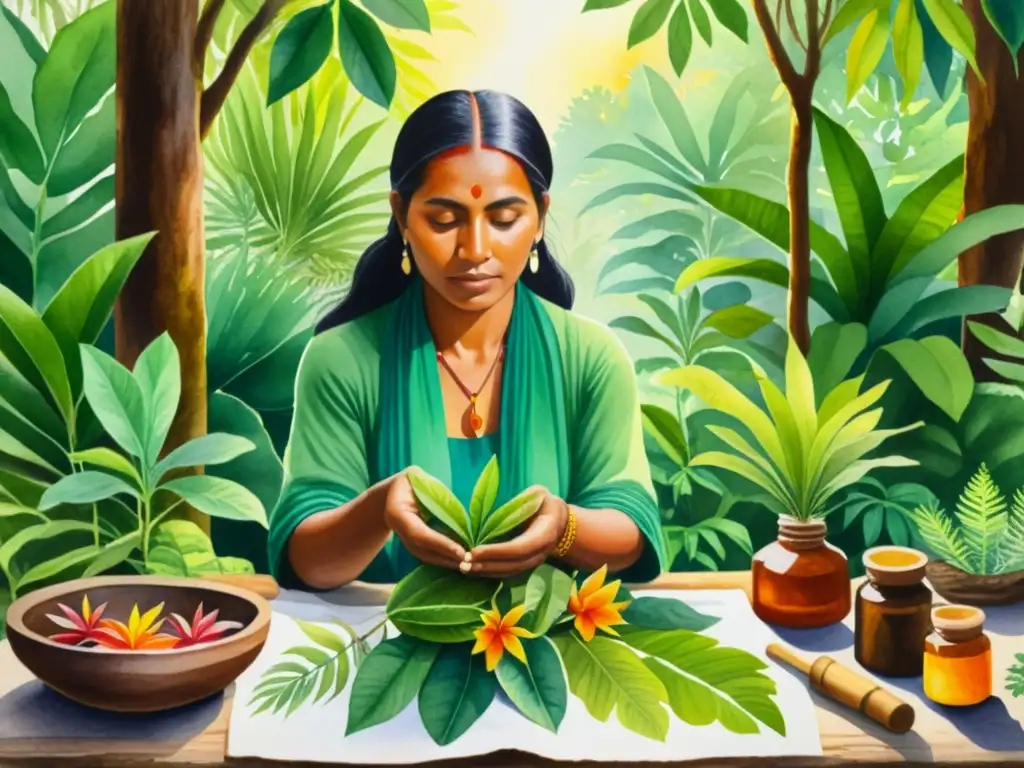 Curandero indígena en la selva: preparando remedios naturales Un sanador indígena prepara remedios herbales en la exuberante selva, mostrando representaciones culturales etnobotánica