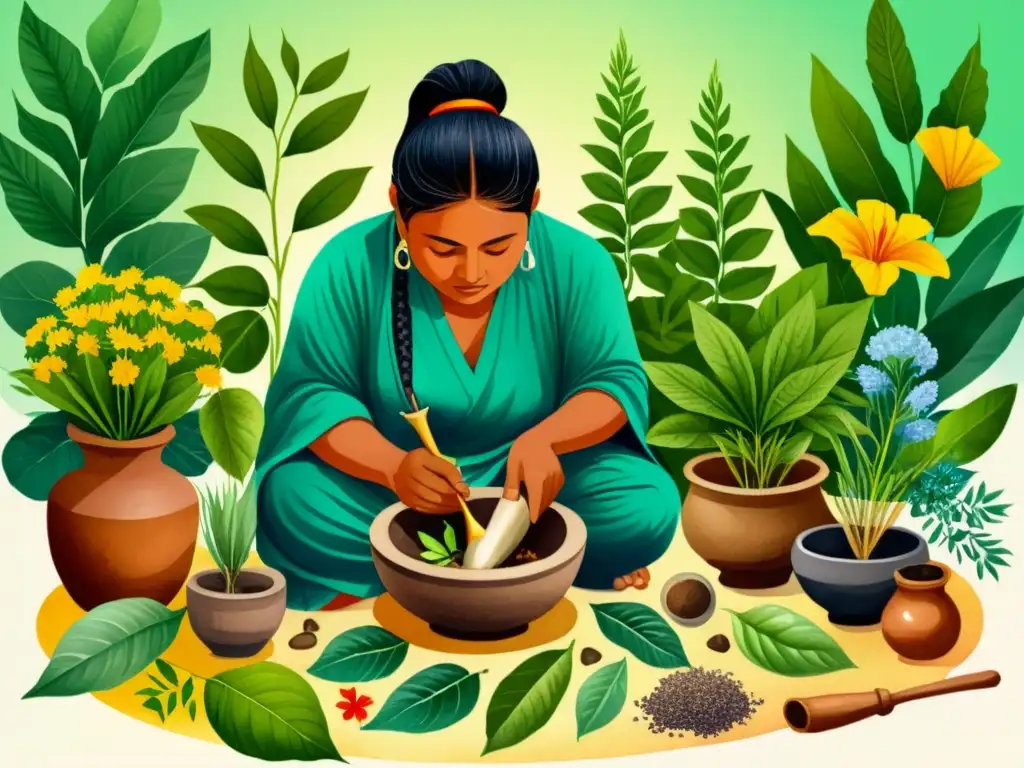 Un sanador indígena rodeado de plantas medicinales, reflejando la relación cultural entre humanos y plantas medicinales