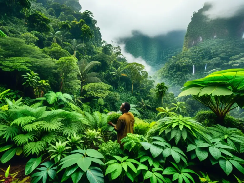 Un sanador recoge plantas medicinales en la exuberante selva, conservación conocimientos tradicionales plantas medicinales