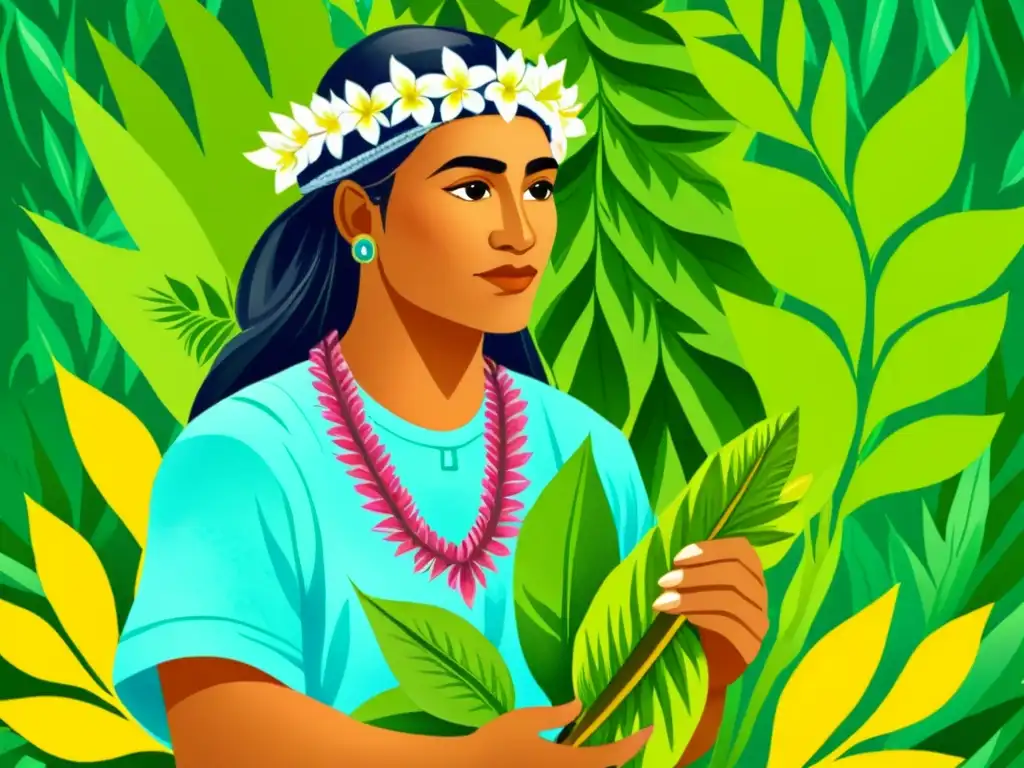 Un sanador polinesio recolecta plantas medicinales en la exuberante selva, mostrando su profundo conocimiento de los usos terapéuticos de las plantas medicinales polinesias