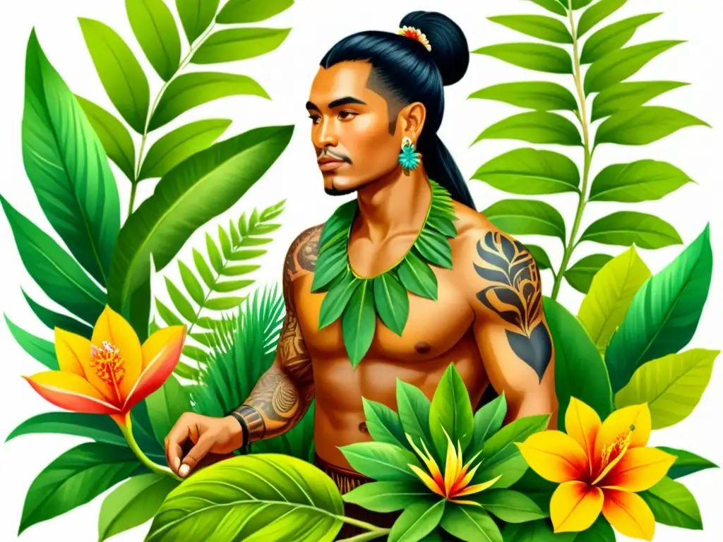 Un sanador polinesio recolecta plantas medicinales en la exuberante selva, evocando la sabiduría y tradición curativa polinesia