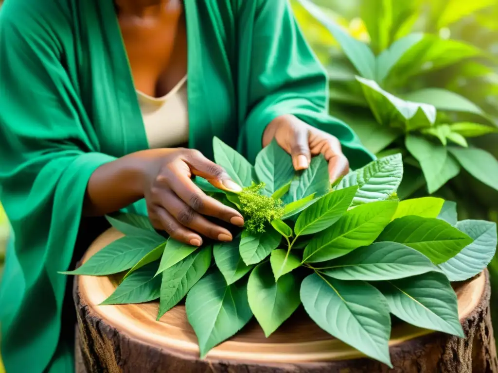 Un sanador tradicional selecciona con cuidado hojas verdes vibrantes en un exuberante bosque de plantas medicinales