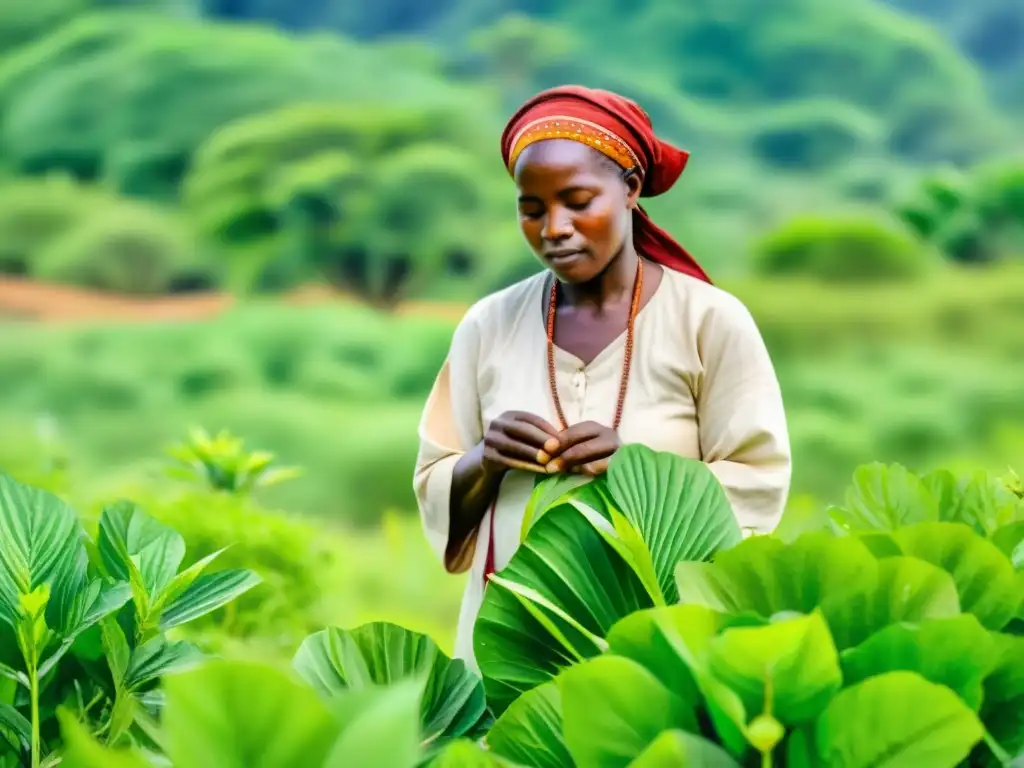 Un sanador tradicional recolecta con cuidado plantas de pasión africana en un campo exuberante, evocando reverencia por los beneficios terapéuticos de la planta