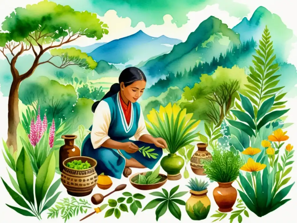 Un sanador tradicional selecciona y prepara plantas medicinales en una ilustración de acuarela, rodeado de flora y fauna vibrante