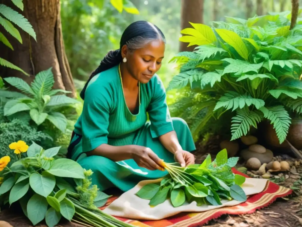 Un sanador tradicional prepara plantas medicinales en un bosque soleado, exudando reverencia por la naturaleza y la sabiduría ancestral