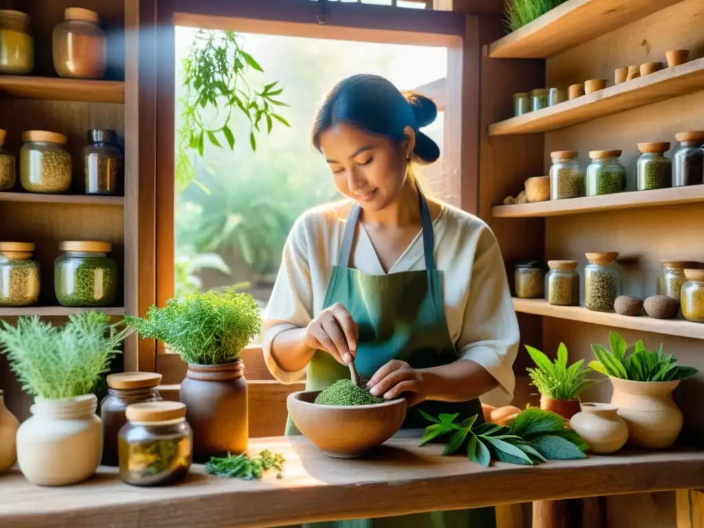 Un sanador tradicional prepara plantas medicinales con reverencia, rodeado de hierbas y raíces, en una atmósfera de sabiduría ancestral