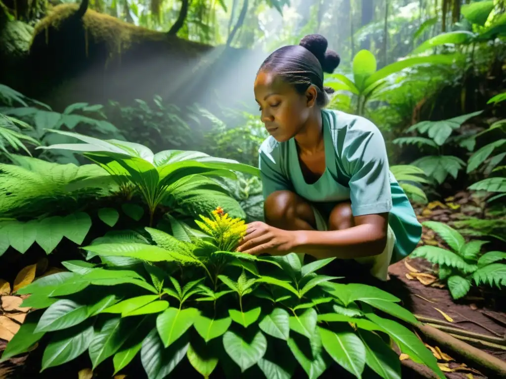 Un sanador tradicional recolecta plantas medicinales en un exuberante bosque, mostrando un enfoque sostenible