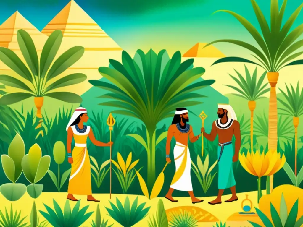 Sanadores antiguos de Egipto y Mesopotamia recolectan plantas medicinales en un oasis soleado, mostrando métodos de curación con plantas medicinales