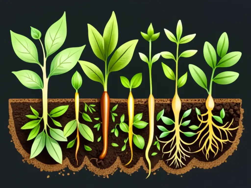 Semillas de hierbas medicinales germinando en tierra fértil, mostrando el ciclo de vida de las hierbas curativas en una ilustración detallada en acuarela