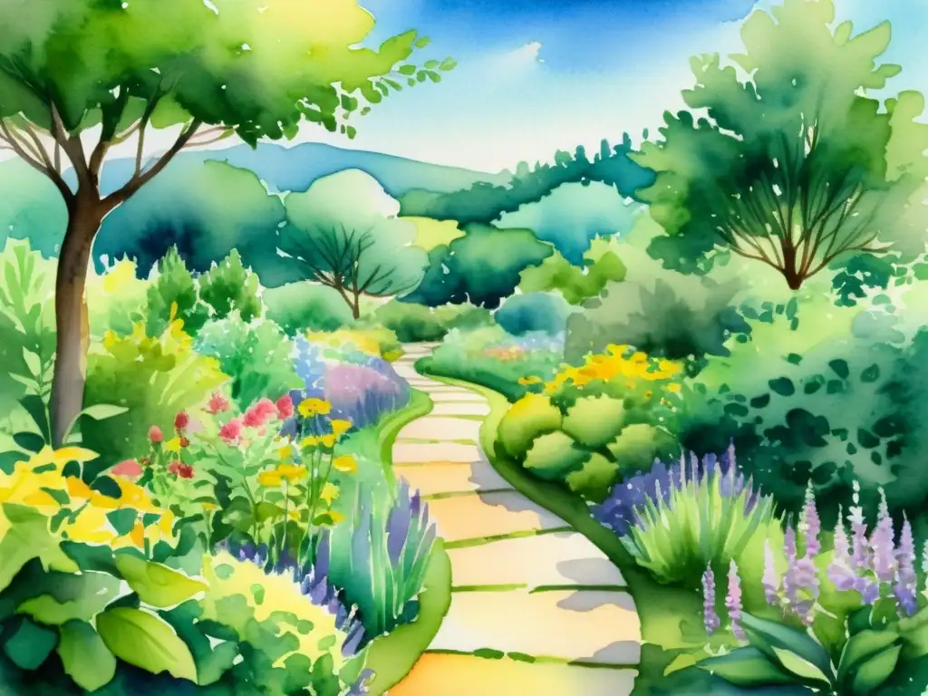 Jardín medicinal: sendero sereno entre plantas curativas Un sendero terapéutico en un jardín medicinal rodeado de plantas vibrantes invita a la calma y sanación