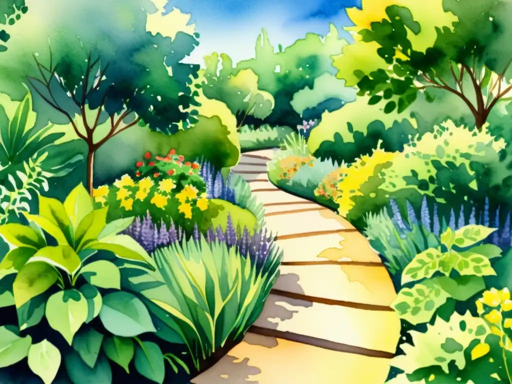 Sendero tranquilo entre plantas medicinales Senderos terapéuticos en un jardín medicinal: un camino serpenteante rodeado de plantas vibrantes y exuberante vegetación, bañado por la luz del sol