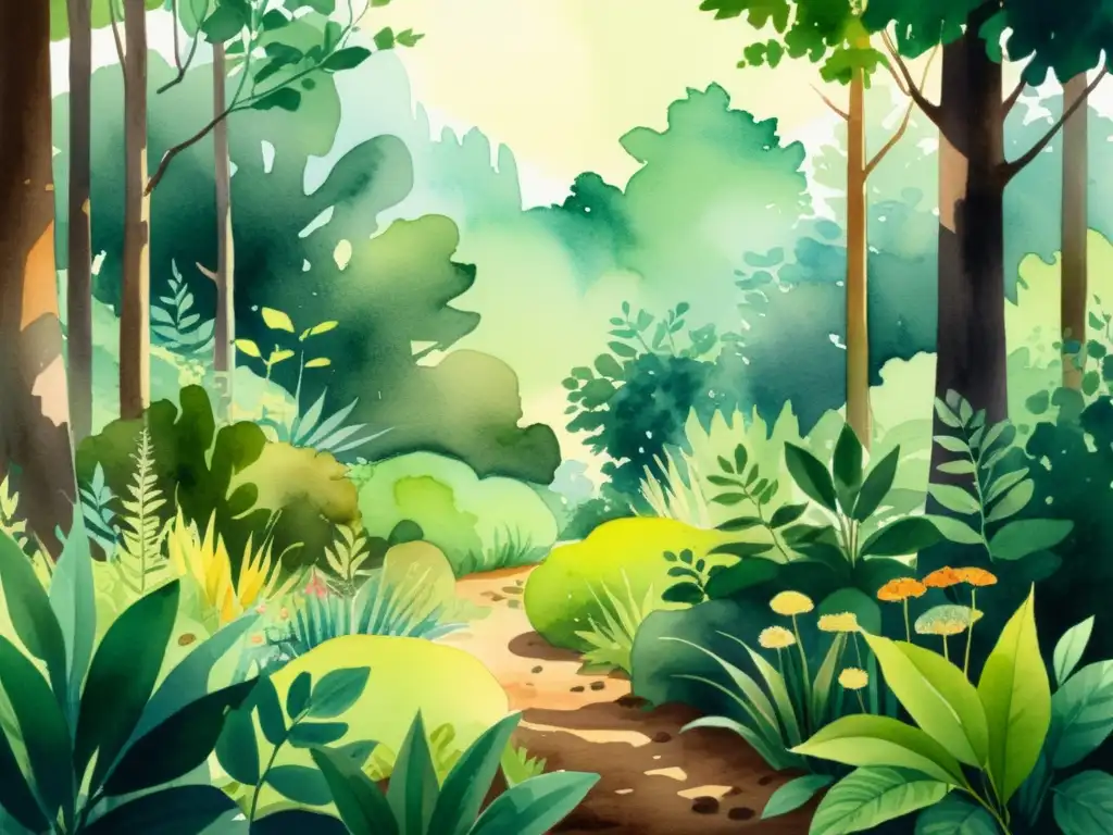 Una ilustración serena en acuarela de un exuberante bosque lleno de plantas medicinales detalladas con colores vibrantes y pinceladas delicadas