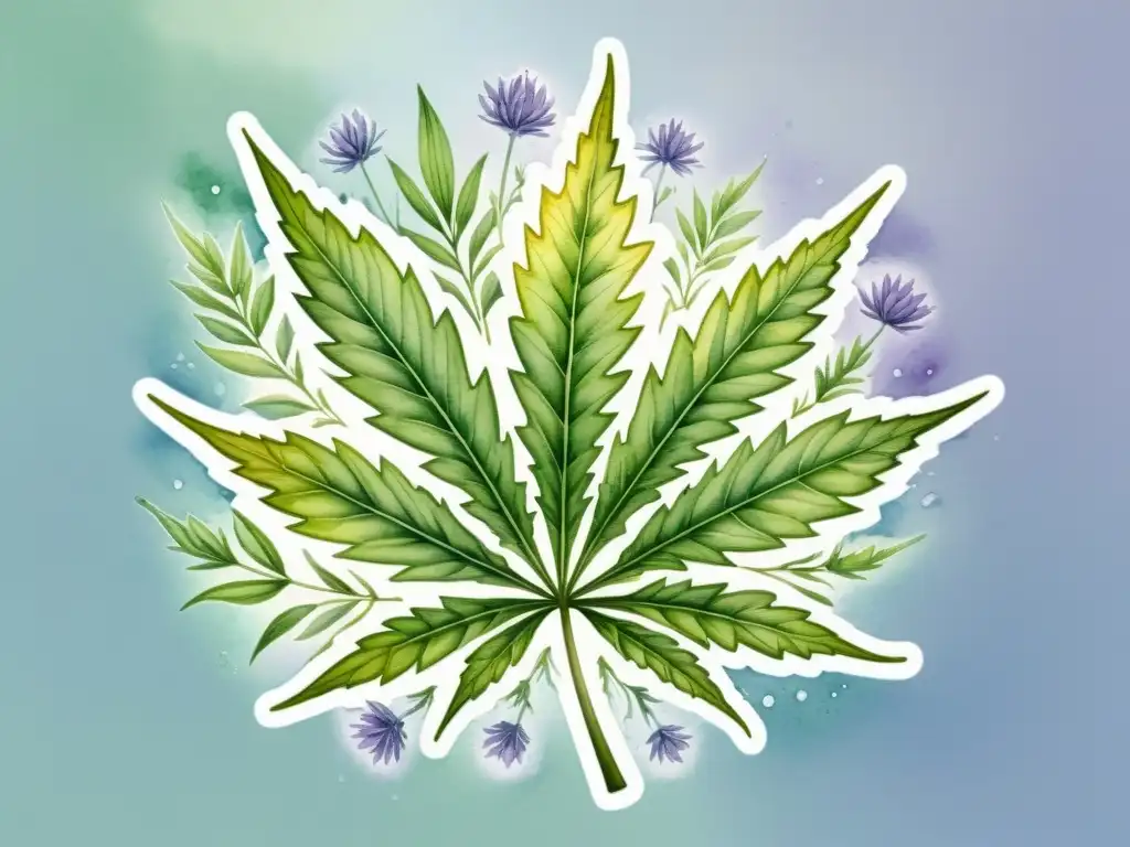 Una ilustración serena en acuarela de una exuberante planta de cannabis, con hojas dentadas y flores en tonos verdes y morados