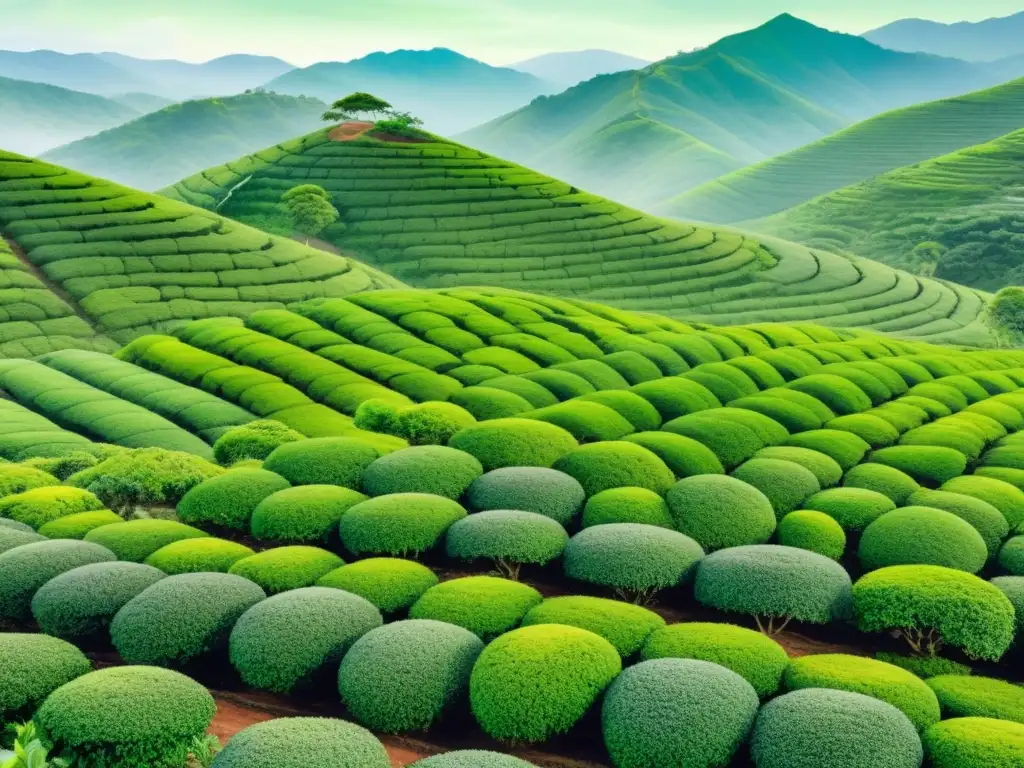 Una serena ilustración en acuarela de una exuberante plantación de té verde, con colinas onduladas cubiertas de hileras ordenadas de arbustos de té