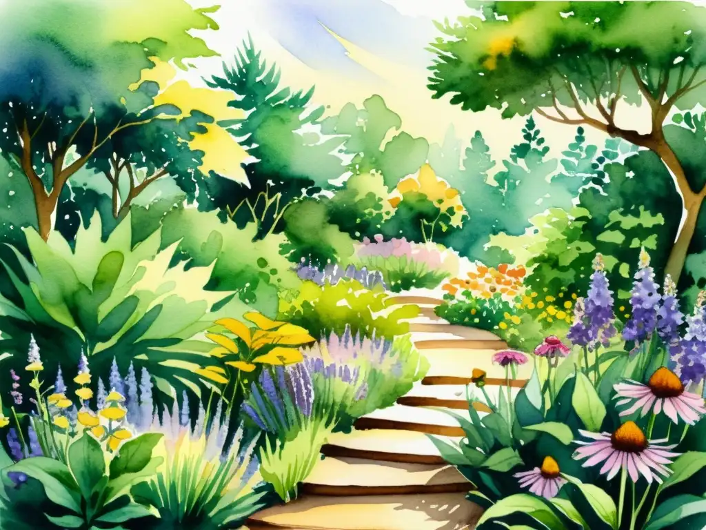 Una serena ilustración en acuarela de un exuberante santuario botánico, con senderos serpenteantes entre follaje vibrante y flores coloridas