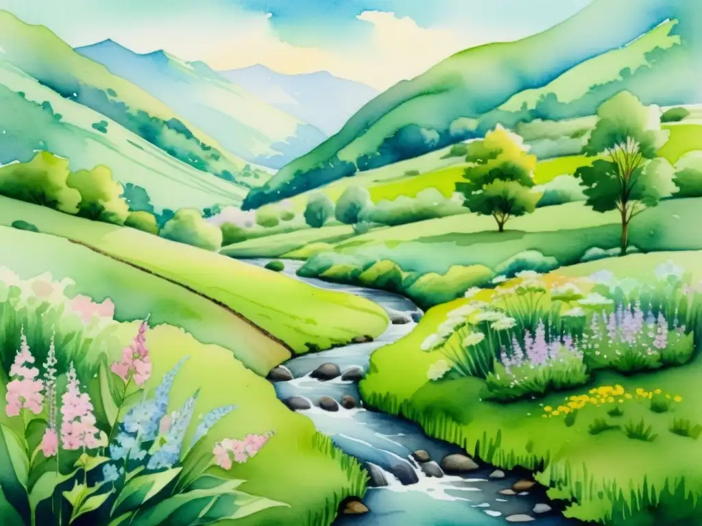 Una serena ilustración en acuarela de un exuberante valle verde, con un arroyo y delicadas flores de valeriana en sus orillas