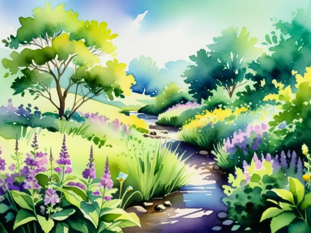 Una ilustración serena en acuarela de un exuberante jardín verde lleno de plantas vibrantes de verbena con delicadas flores moradas