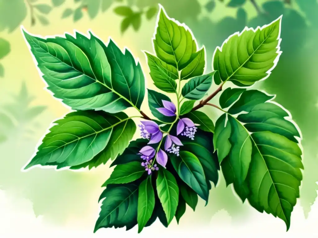 Una ilustración serena en acuarela de una exuberante y vibrante planta de Tulsi, con delicadas flores moradas y hojas verdes, en un jardín tranquilo