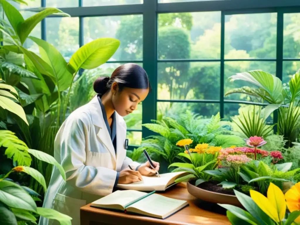 Una ilustración serena en acuarela de un exuberante jardín botánico