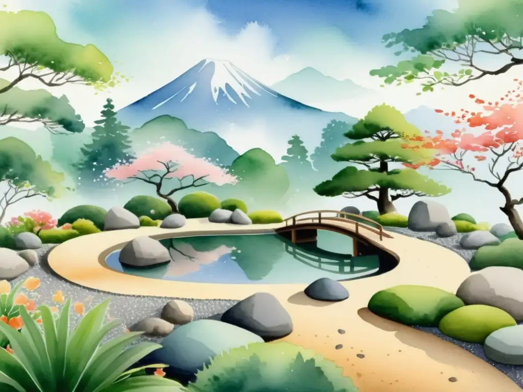 Una serena ilustración en acuarela de un jardín Zen japonés tradicional, con meticulosa grava, rocas, estanque tranquilo y exuberante vegetación