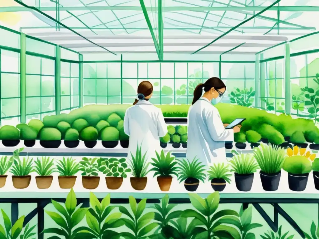 Una ilustración serena en acuarela de un laboratorio de biotecnología moderna, con científicos cuidando plantas medicinales modificadas genéticamente