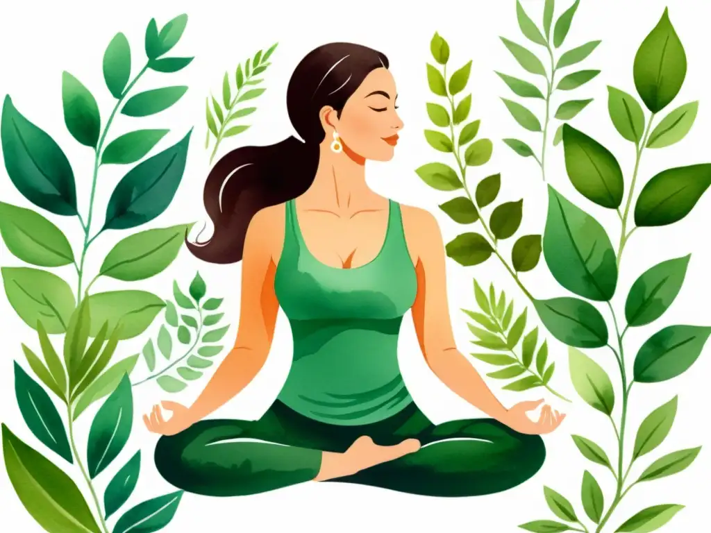 'Ilustración serena de acuarela: mujer en postura de yoga rodeada de exuberante vegetación y plantas herbales vibrantes