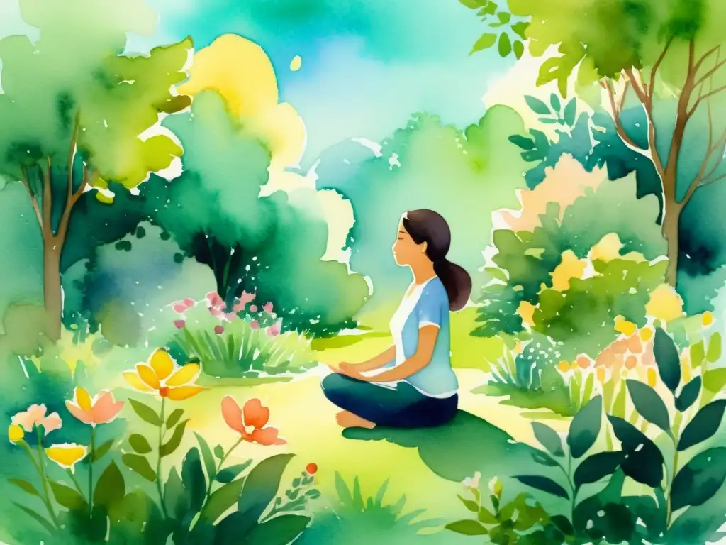 Una ilustración serena en acuarela de una persona meditando en un jardín tranquilo, rodeado de exuberante vegetación y flores coloridas