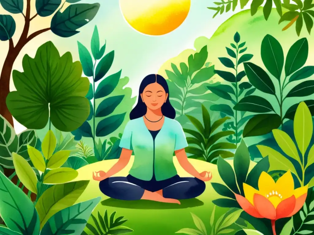 Una ilustración serena en acuarela de meditación con plantas medicinales synergia en un exuberante jardín, emanando paz y conexión con la naturaleza