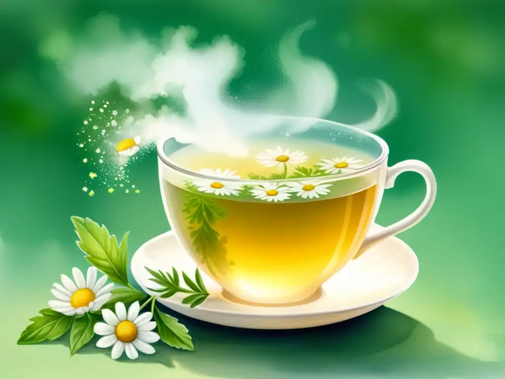 Una ilustración serena en acuarela de una taza de té de manzanilla humeante, rodeada de delicadas flores de manzanilla y hojas verdes relajantes