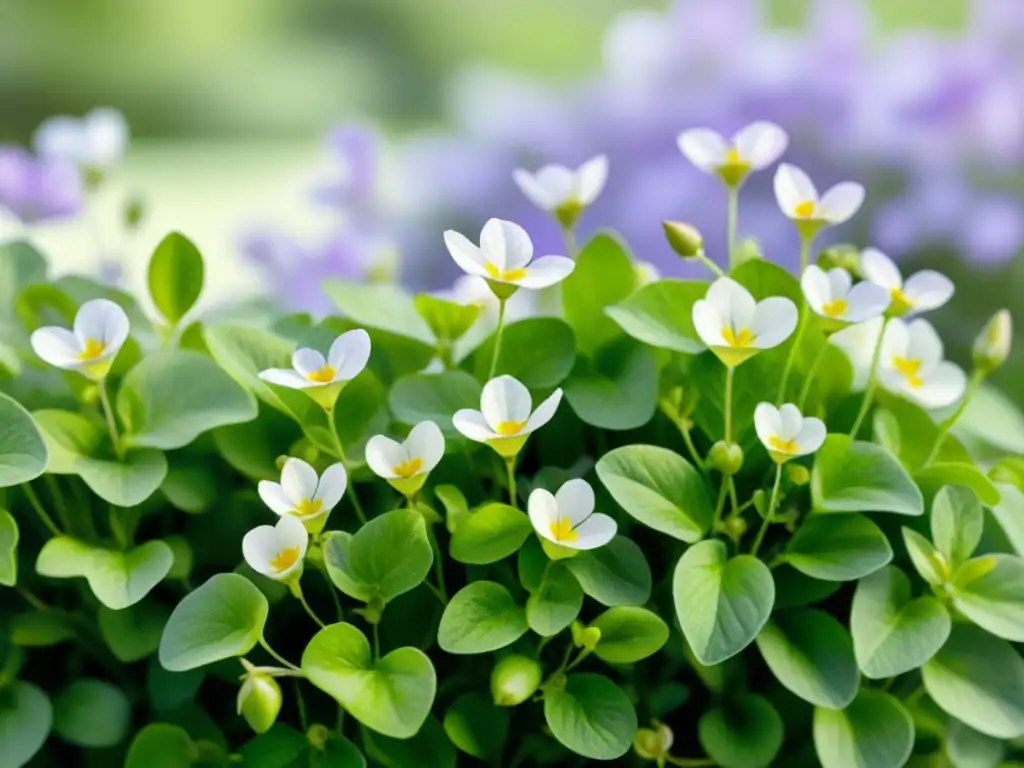 Una ilustración serena de un campo verde exuberante con flores de Bacopa Monnieri en plena floración